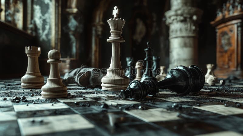 Abandoned chessboard in atmospheric castle setting royalty free stock photography