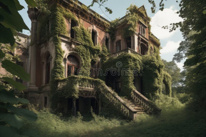 Abandoned and Decrepit Castle or Mansion, with Vines Growing Over the