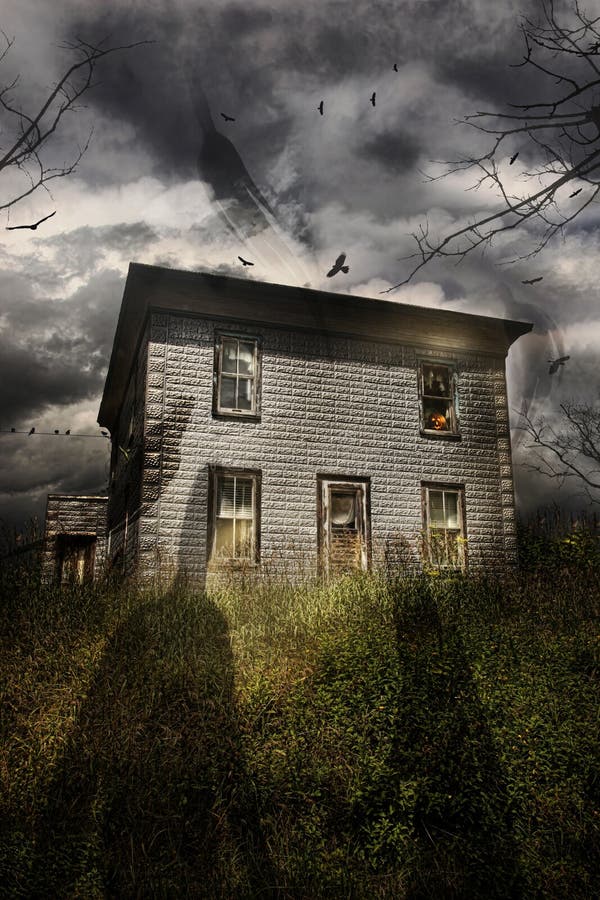 Abandoned house with flying ghosts