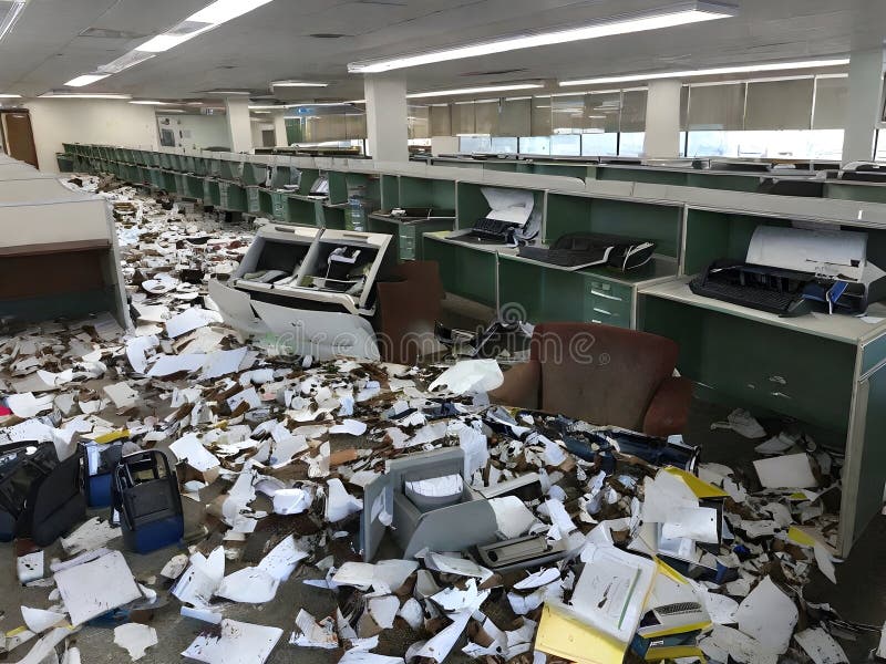 An abandoned office filled with broken computers. stock illustration