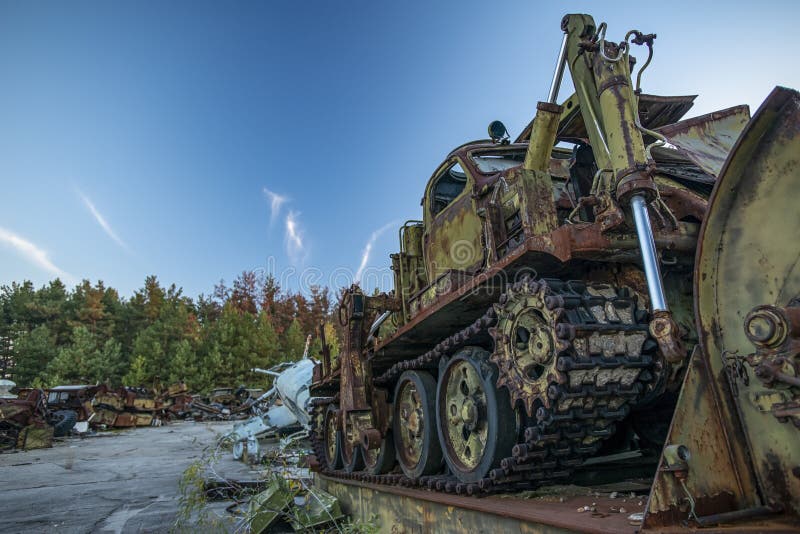 Abandoned radioactive technik that participated in the liquidation of the accident royalty free stock photo