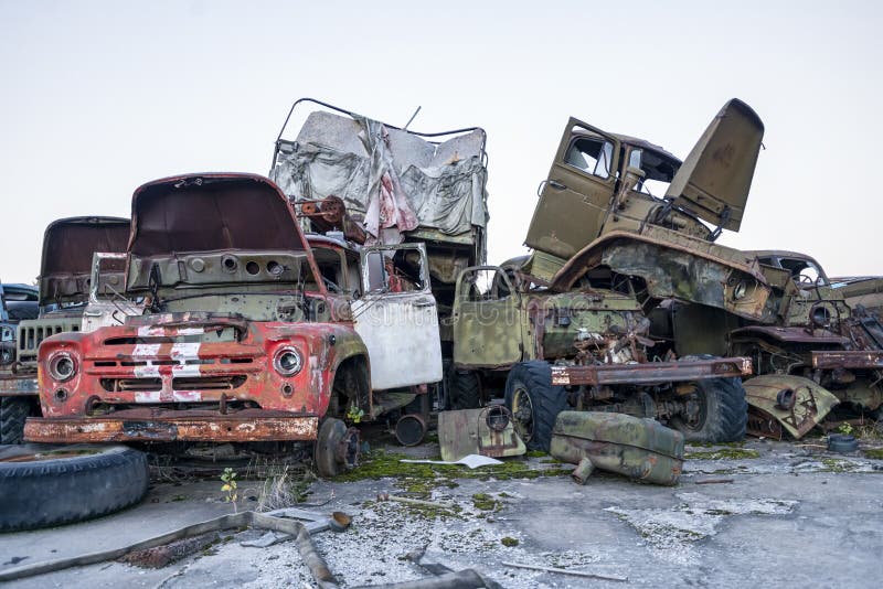 Abandoned radioactive technik that participated in the liquidation of the accident stock images