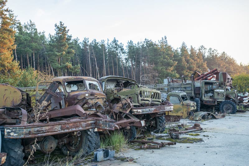 Abandoned radioactive technik that participated in the liquidation of the accident stock image