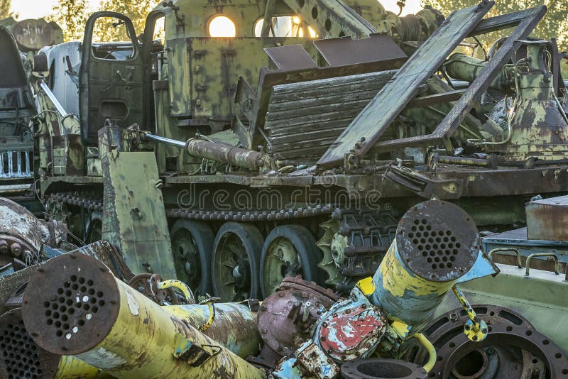 Abandoned radioactive technik that participated in the liquidation of the accident stock photos