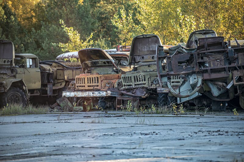 Abandoned radioactive technik that participated in the liquidation of the accident stock photography