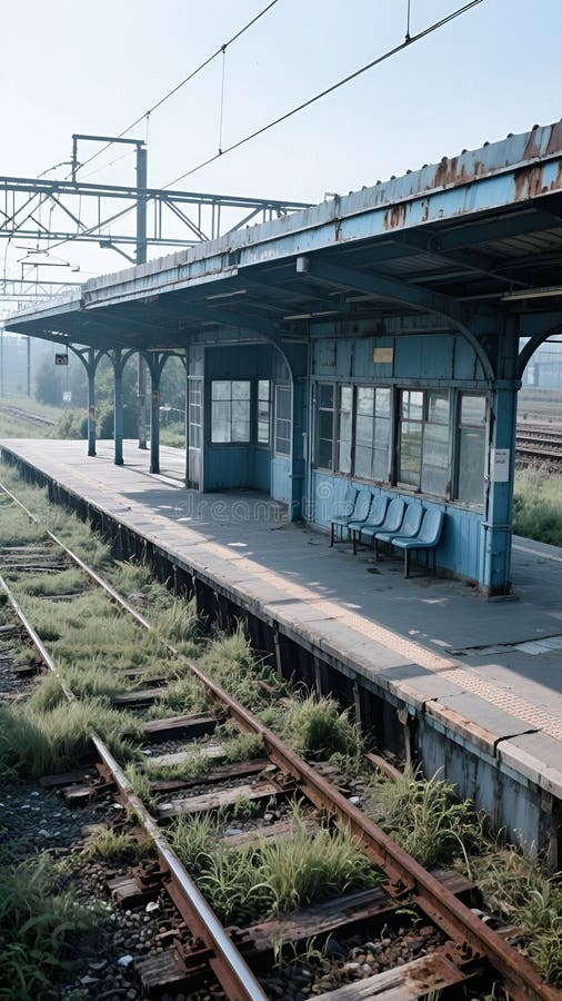 Abandoned railway station with overgrown tracks stock illustration