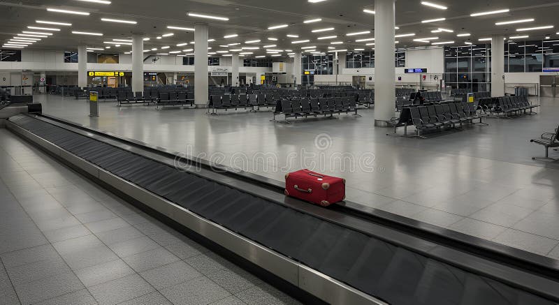 Abandoned Red Suitcase on Empty Airport Baggel Carousel stock abbildung