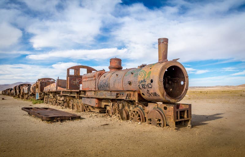 Abandoned rusty old train in train cemetery - Uyuni, Bolivia