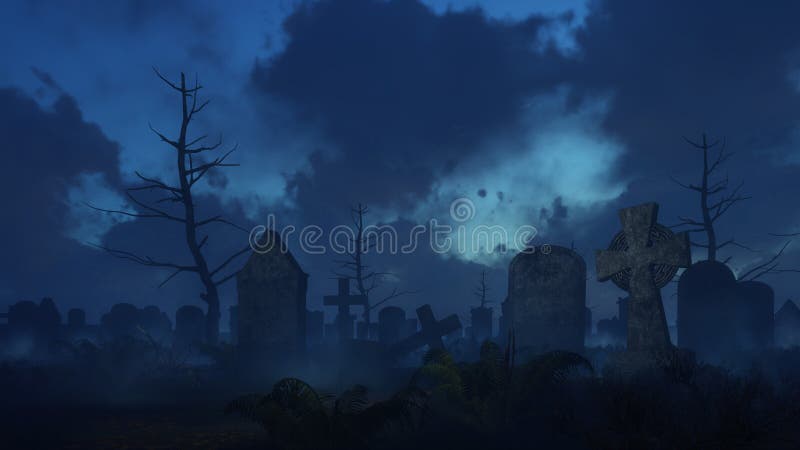 Abandoned spooky cemetery at misty night