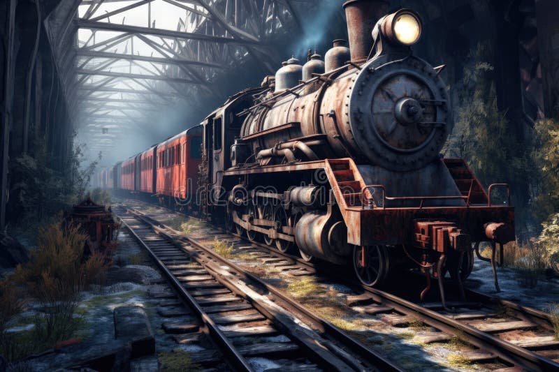 Abandoned steam train in a remote railway yard vector illustration