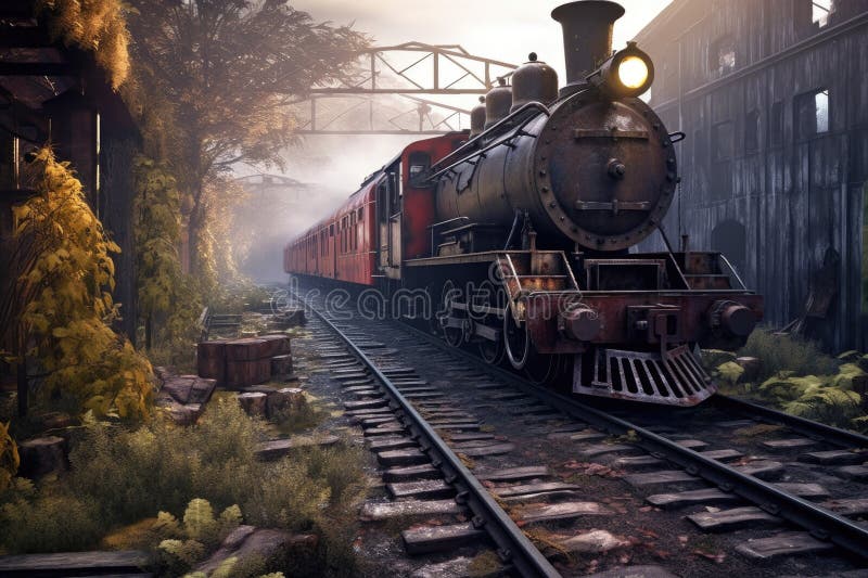 Abandoned steam train in a remote railway yard stock illustration