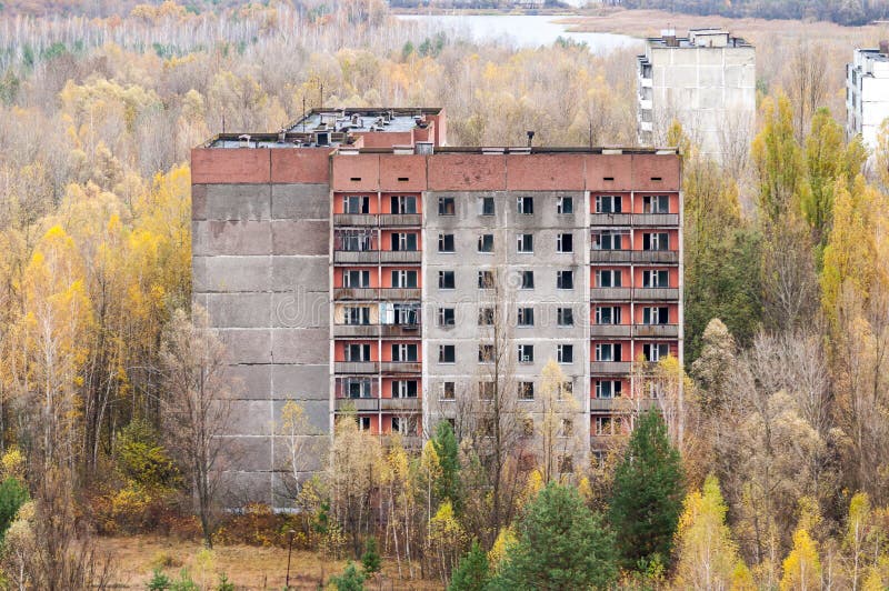 Abandoned town Pripyat in Chernobyl`s area Ukraine. Exclusion zone from the high empty building