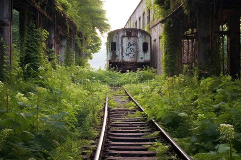 Abandoned train platform overgrown with weeds stock illustration