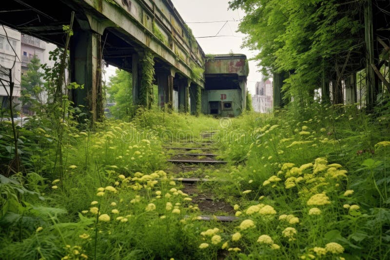 Abandoned train platform overgrown with weeds stock illustration