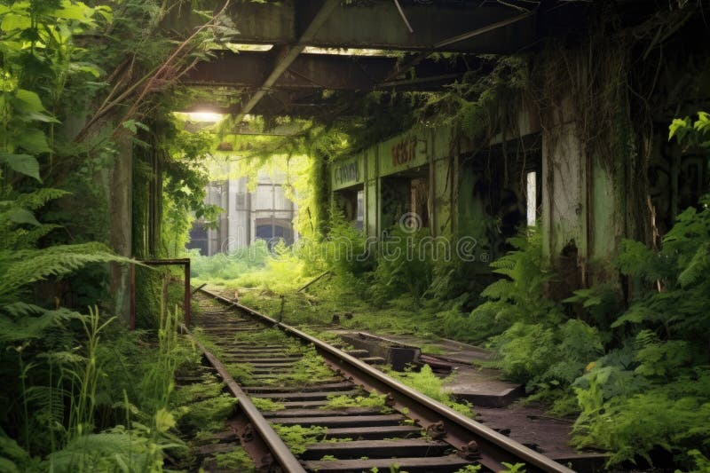 Abandoned train platform overgrown with weeds vector illustration
