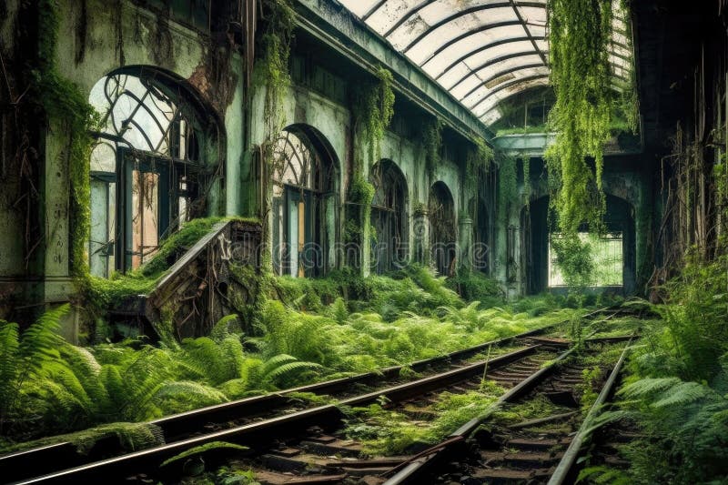 Abandoned train station with overgrown tracks royalty free illustration