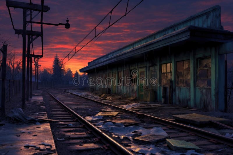 Abandoned train station platform at dusk royalty free illustration