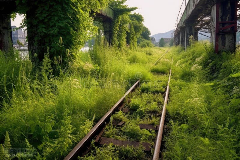 Abandoned train tracks with overgrown grass royalty free illustration