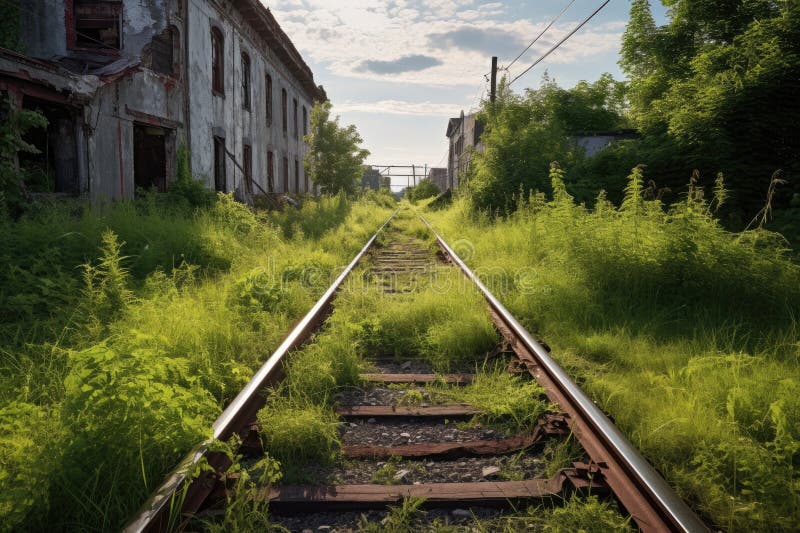 Abandoned train tracks with overgrown grass royalty free illustration