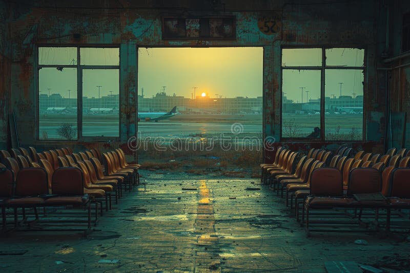 Abandonter Flughafen Wartezimmer Sonnenuntergang Aussicht lizenzfreie abbildung