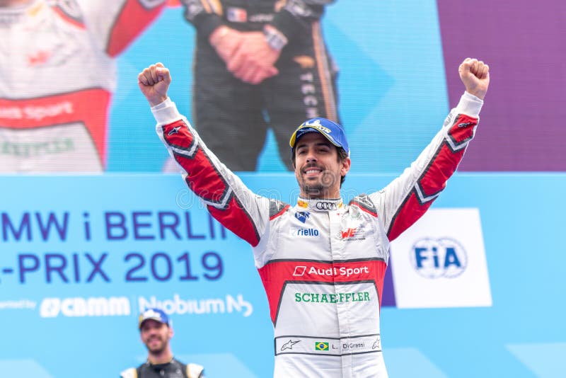 ABB FIA formu? y E mistrzostwa 2019 nagr? d ceremonia. Berlin, Germany - May 25, 2019: Brazilian professional racing driver Lucas Tucci di Grassi exulting on the podium at the E-Prix ABB FIA Formula E race car Championship Award Ceremony