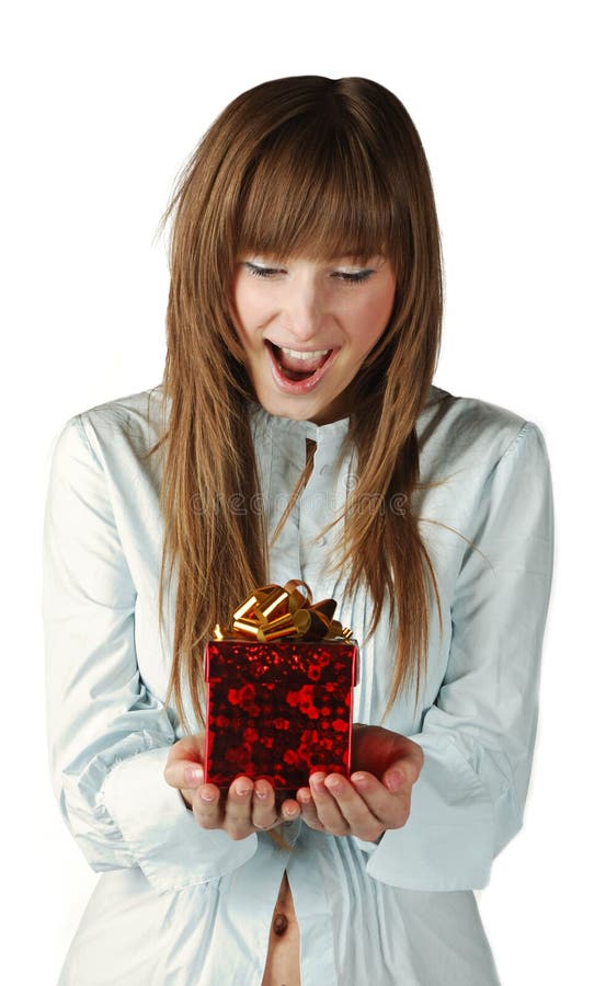 Bionda carina e scatola regalo fotografia stock libera da diritti