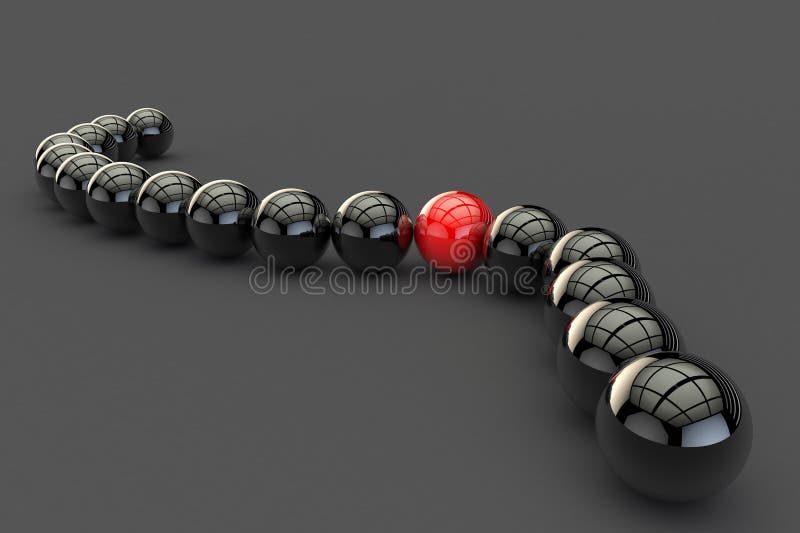 Abbildung 3d. ein roter Ball hat eine Kette von schwarzen Kugeln unterwandert. ausländischen Objekt unter vielen identisch lizenzfreie abbildung