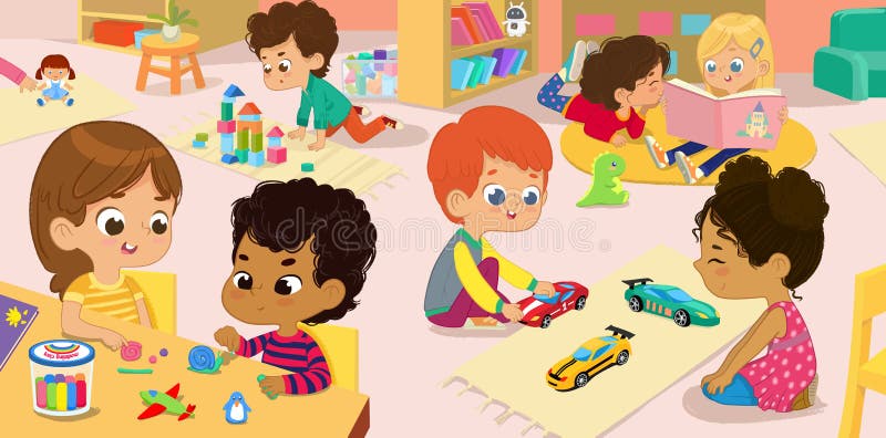 Abbildung der Kindergartenklasse und der Tätigkeit der Kinder im Kindergarten Multikulturelle Kinderlesebücher
