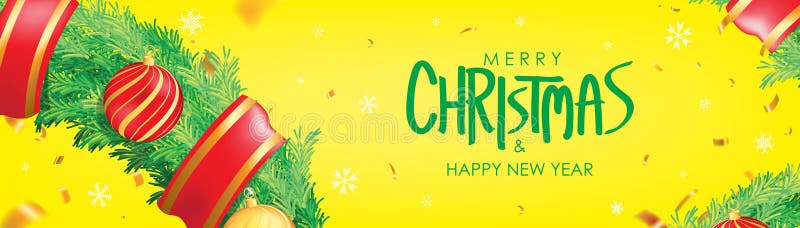 Abbildung des VektorEps10 Gelber Weihnachtshintergrund mit Weihnachtsbällen, Schneeflocken und Goldkonfettis Horizontales Weihnac stock abbildung Abbildung des VektorEps10 Gelber Weihnachtshintergrund mit Weihnachtsbällen, Schneeflocken und Goldkonfettis Horizontales Weihnac stock abbildung
