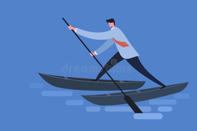 Abbildung eines Geschäftsmanns, der in zwei Booten und Rudern steht.