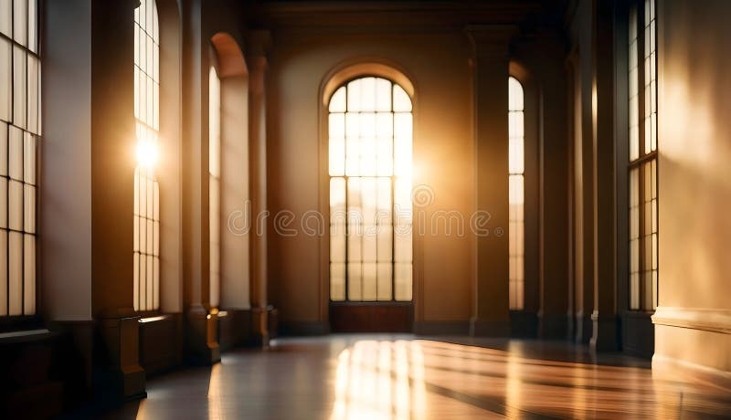 Abbildung eines leeren Raumes in einem Museum bei Sonnenuntergang : goldene Stunde vektor abbildung