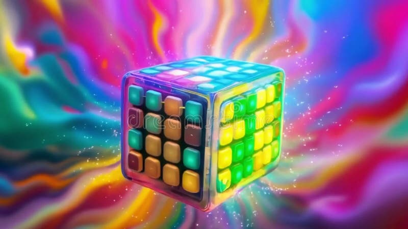 Abbildung eines rotierenden Rubiks-Würfels mit farbenfroher Gestaltung vektor abbildung