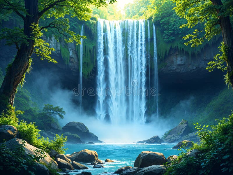 Abbildung eines Wasserfalls in einem üppig grünen Wald stock abbildung