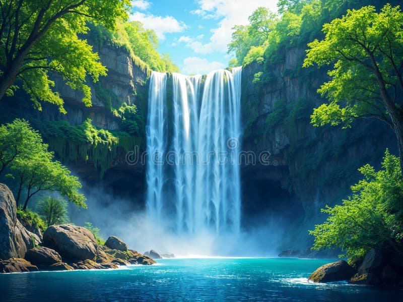 Abbildung eines Wasserfalls in einem üppig grünen Wald lizenzfreie abbildung