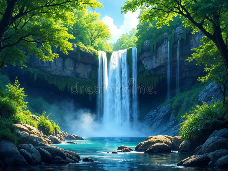 Abbildung eines Wasserfalls in einem üppig grünen Wald stock abbildung