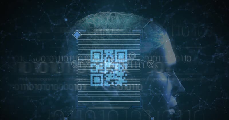 Abbildung von qr-Code über Binärkode und menschliches Kopfmodell stockbild