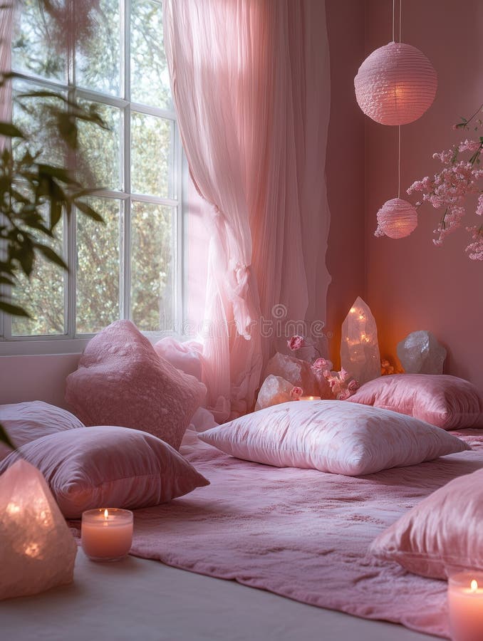 Abbracciare il proprio amore in una serena meditazione di cristallo di quarzo di rosa nello spazio fotografia stock