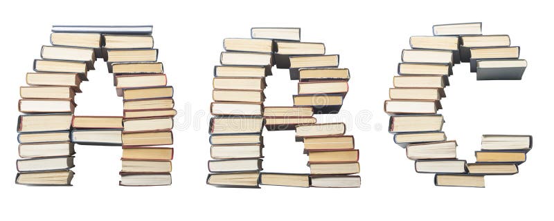 A B C letter from books. Alphabet isolated on white background. Font composed of spines of books stock photo