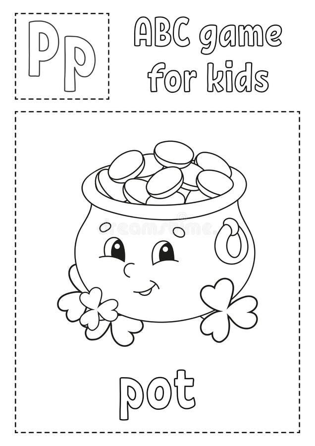 ABC game for kids. Alphabet coloring page. Cartoon character. Word and letter. St. Patrick`s day. Vector illustration