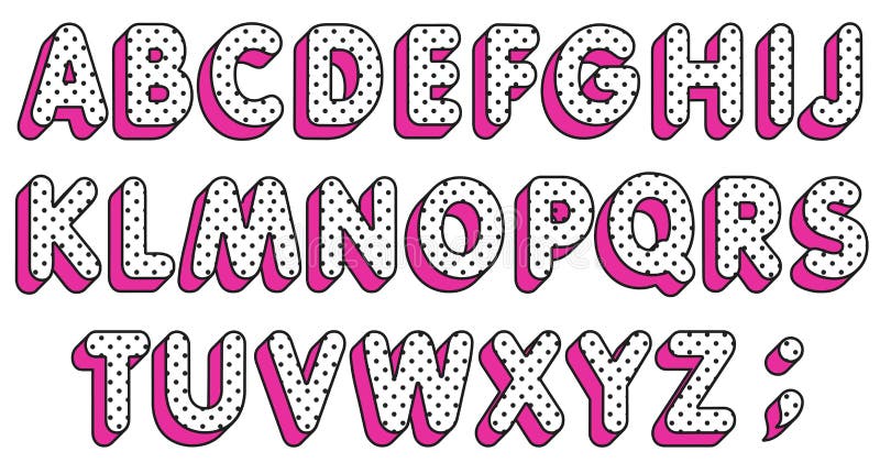 ABC girly della bambola di GRASSA RISATA Insieme delle lettere di alfabeto dei pois Fonte di Pop art Vettore