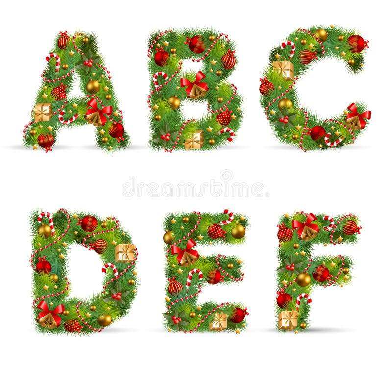 ABCDEF, albero di natale font e verde abete e baublest.