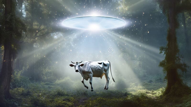 Abduction of a cow by aliens. stock illustration