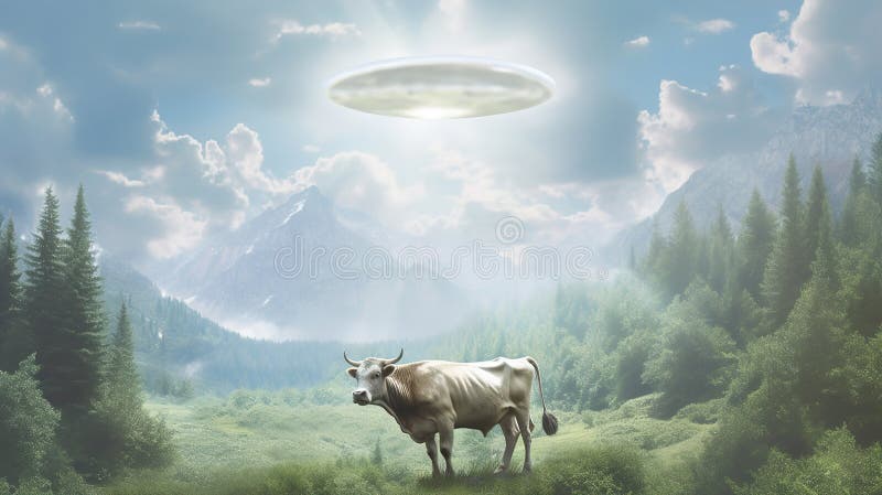Abduction of a cow by aliens. stock illustration