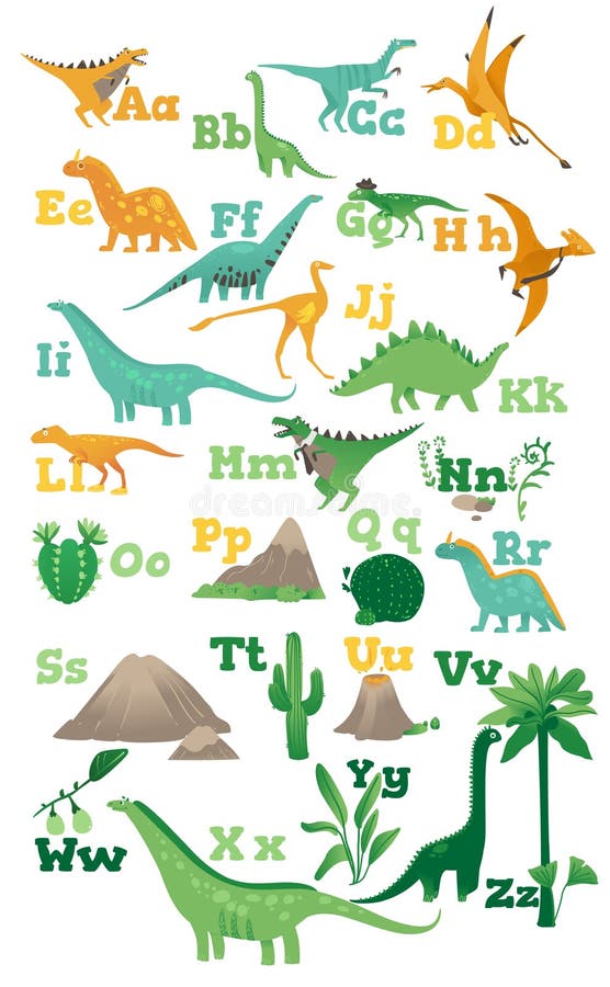 Abecadło dla dzieci z ślicznymi kreskówka dinosaurami, antyczni volcanoes, góry i rośliny w mieszkaniu, projektujemy royalty ilustracja Abecadło dla dzieci z ślicznymi kreskówka dinosaurami, antyczni volcanoes, góry i rośliny w mieszkaniu, projektujemy royalty ilustracja
