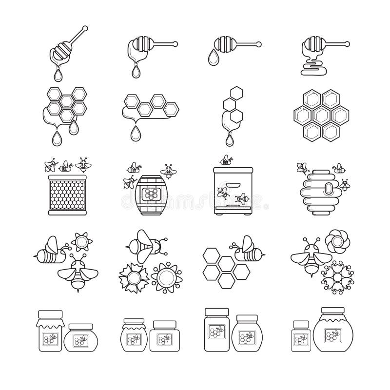 Abeille, miel, plongeur, nid d'abeilles, ruche icône noire et blanche illustration de vecteur Abeille, miel, plongeur, nid d'abeilles, ruche icône noire et blanche illustration de vecteur