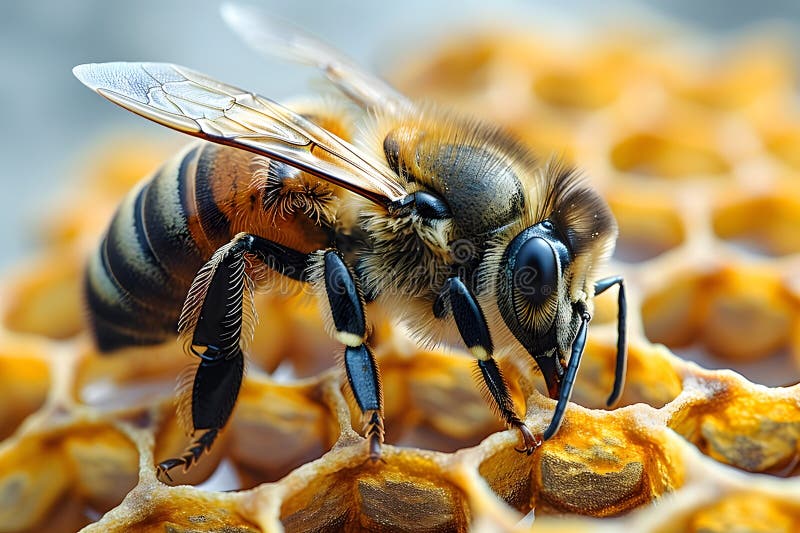 Abeille sur nid d'abeille : pollinisateur de natures en action pour l'apiculture éco-généative ai photos stock