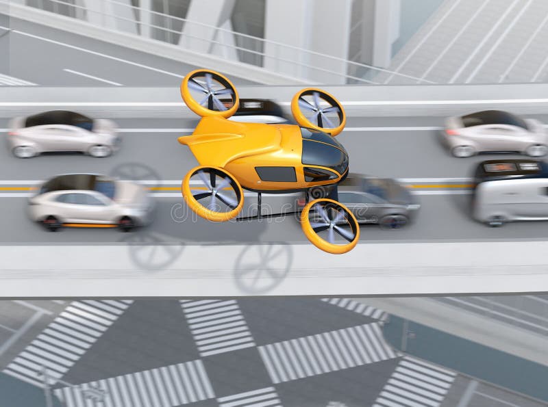 Abejón amarillo del pasajero que vuela sobre los coches en atasco pesado ilustración del vector