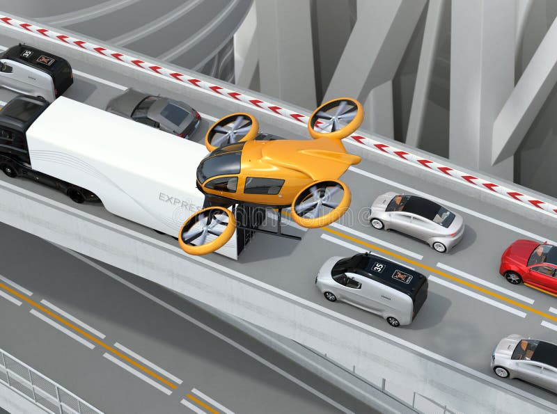 Abejón amarillo del pasajero que vuela sobre los coches en atasco pesado ilustración del vector