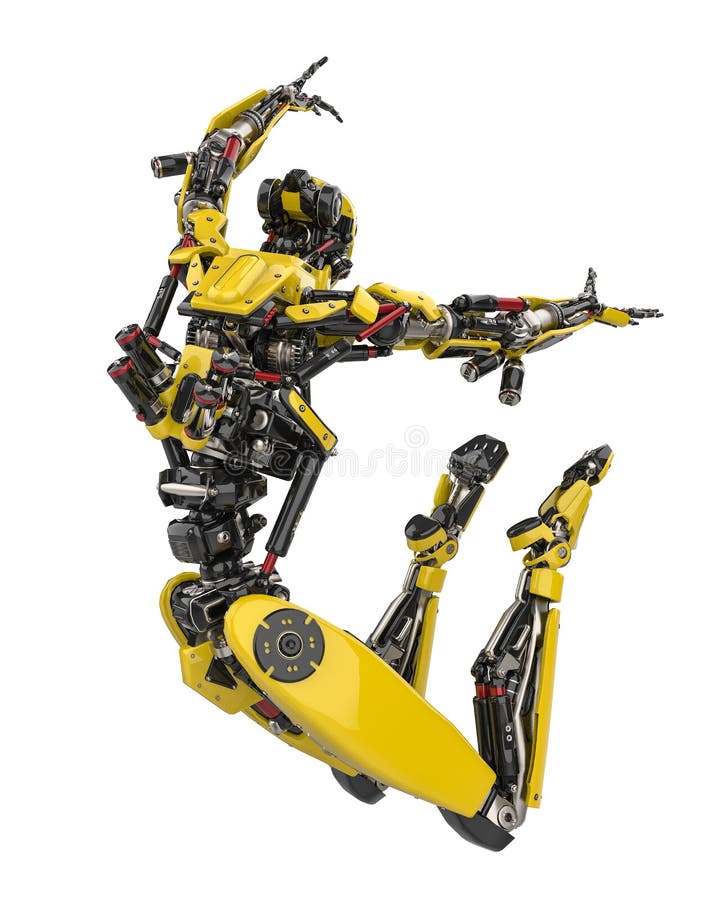Abejón estupendo del robot amarillo mega que salta en un fondo blanco Abejón estupendo del robot amarillo mega que salta en un fondo blanco