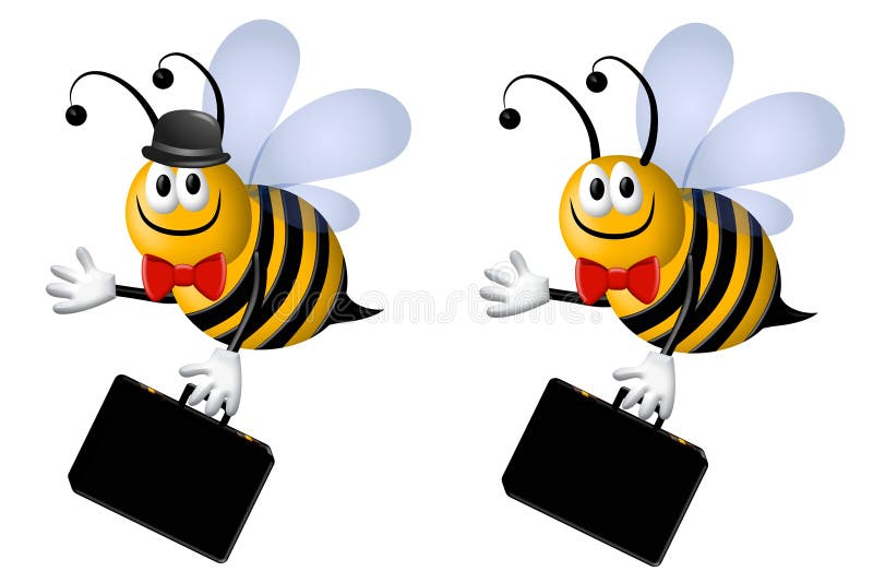 A clip art illustration featuring your choice of busy bee business cartoon characters - one with hat and one without carrying briefcases and wearing red bowties. A clip art illustration featuring your choice of busy bee business cartoon characters - one with hat and one without carrying briefcases and wearing red bowties